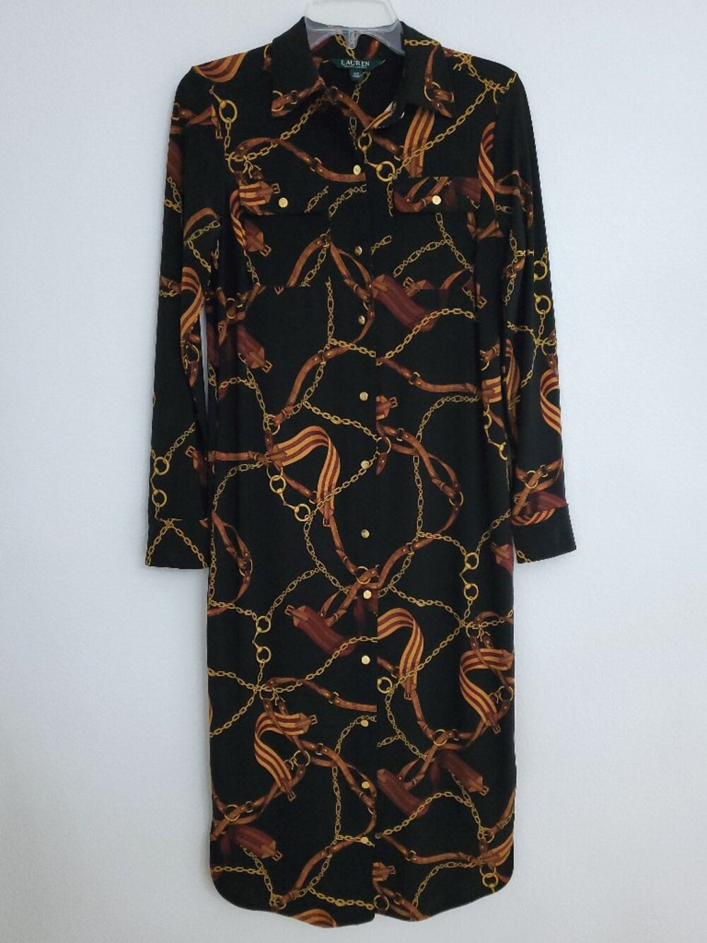 Lauren Ralph Lauren Horsebit Chain Equestrian Bridle Print Shirt Dress Small
